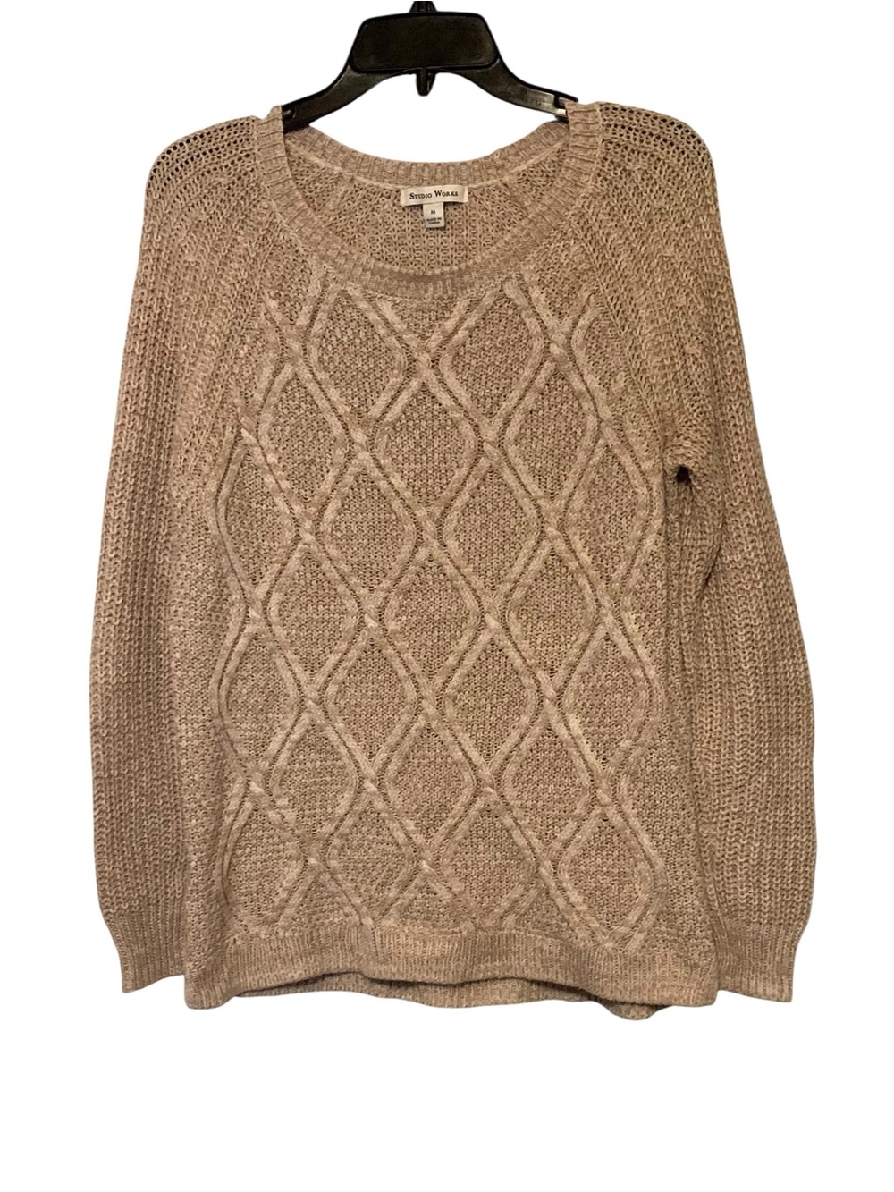 Studio Works Women's Beige/Tan Cable Knit Crewneck Sweater